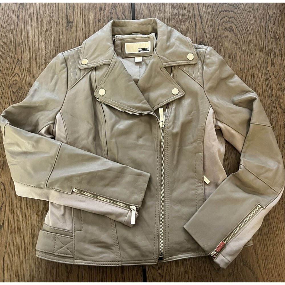 $425 Women’s Michael Kors Leather Moto Jacket Size X-Small Dark Beige/Grey